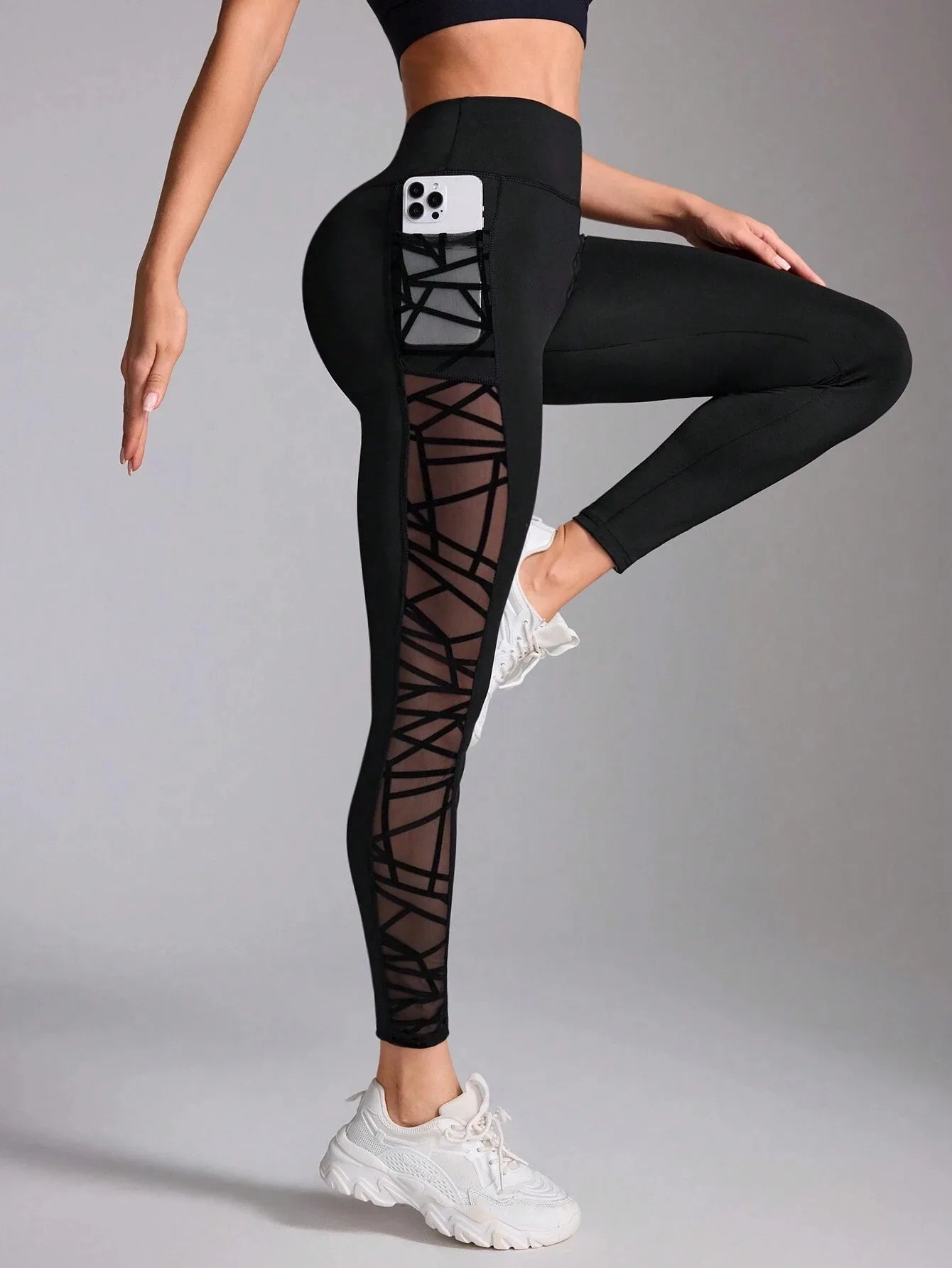 Yoga Legging Dames met Mesh Zijkant Zwart Hoge Taille Zacht Comfortabel Gym Fitness Sportkleding Lange Broek